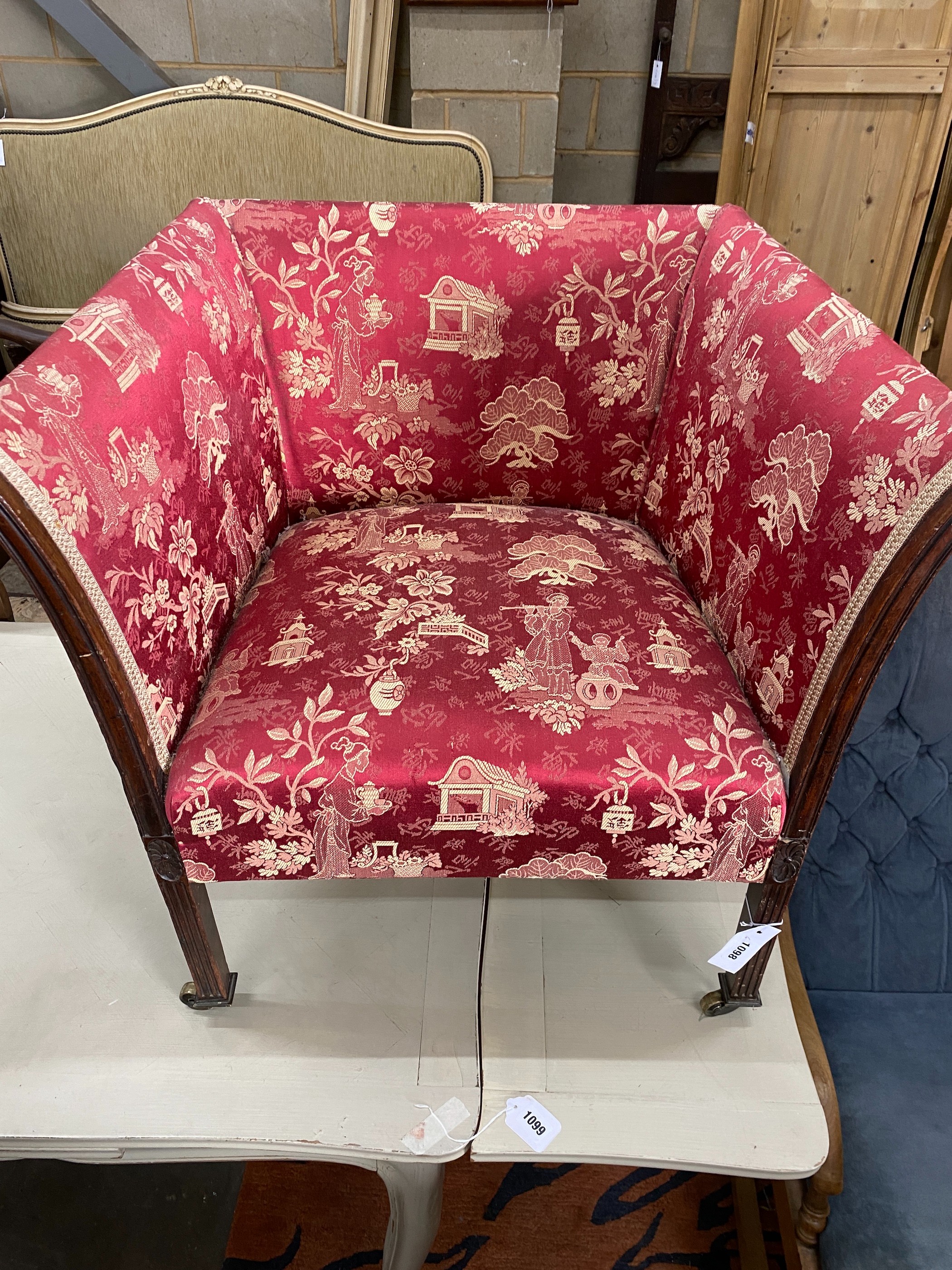 An Edwardian mahogany square frame upholstered armchair, width 71cm, depth 58cm, height 66cm